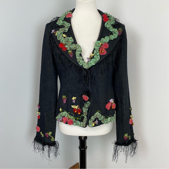 42. Mary Frances Beaded Ribbon Fringe Black Denim Jacket - Picture 15 of 15